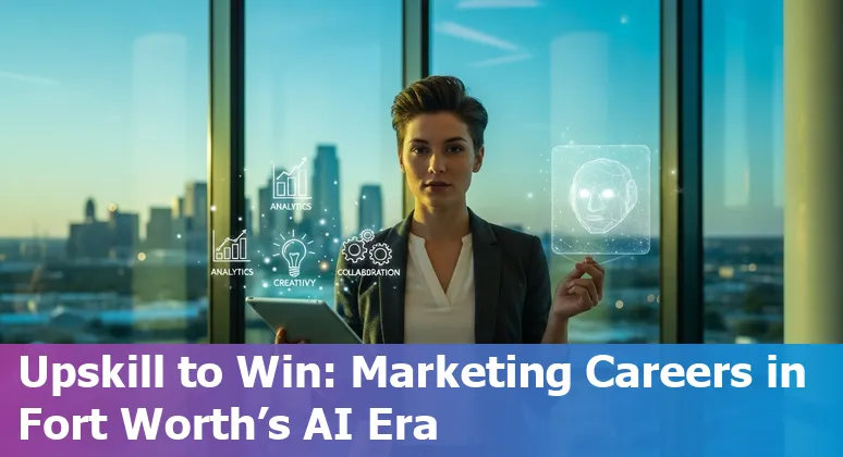 Marketer using AI tools on a laptop in Fort Worth, Texas skyline background