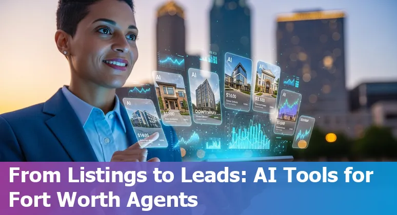 Fort Worth, Texas skyline with AI icons overlay showing real estate tech and Pecos Automations local startup
