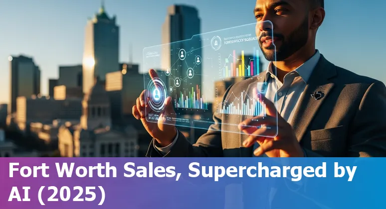 Sales professional using AI tools in Fort Worth, Texas office with Pecos Automations dashboard on screen