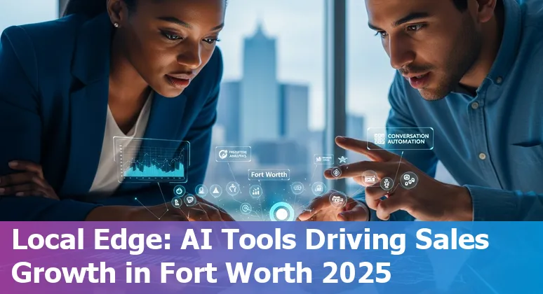 Sales team using AI tools on laptop screens with Fort Worth skyline in background
