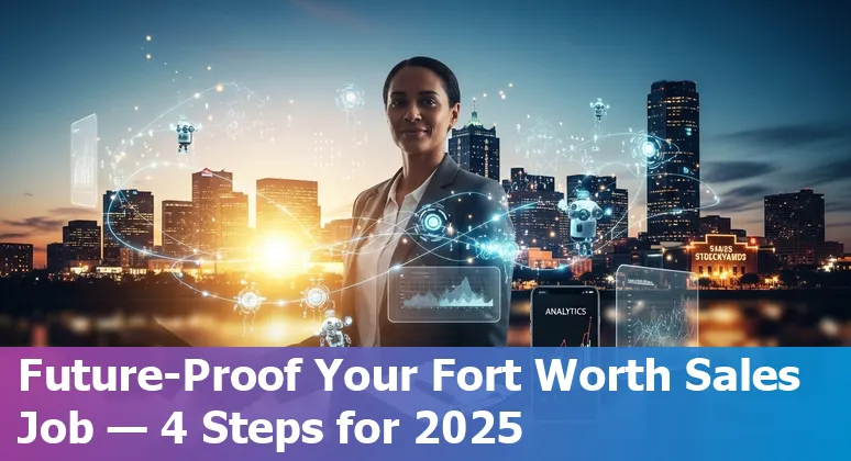 Salesperson using AI tools on laptop in Fort Worth, Texas skyline background, 2025