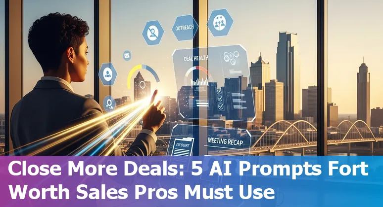 Sales professional in Fort Worth using AI prompts on a laptop with a skyline of Fort Worth in the background