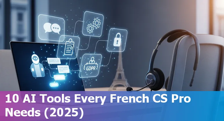 Logos of Zendesk, IBM WatsonX, Kommunicate, Intercom, Ada, Gorgias, Tidio, Zoho Desk, Kustomer and HeroDash with a French flag backdrop