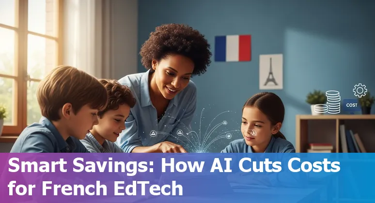Illustration of AI reducing costs for education companies in France with icons for funding, Jean Zay HPC, personalized learning and frugal AI