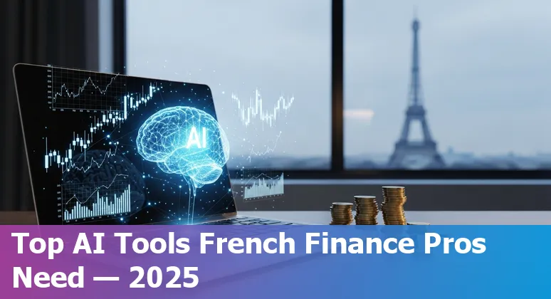 Illustration of top AI tools for finance in France 2025: invoices, charts, French flag and data governance icons