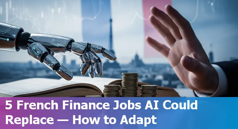 Illustration of five finance job roles in France (Accounts Payable, Junior Accountant, Treasury Analyst, Credit Analyst, Execution Trader) with AI icons and adaptation steps.