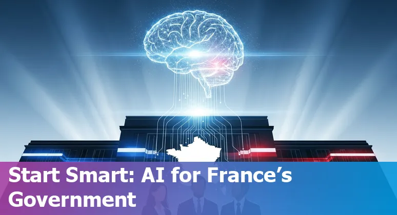 Illustration of AI in the French government, Paris, France, showing policy, infrastructure, and public service use in France