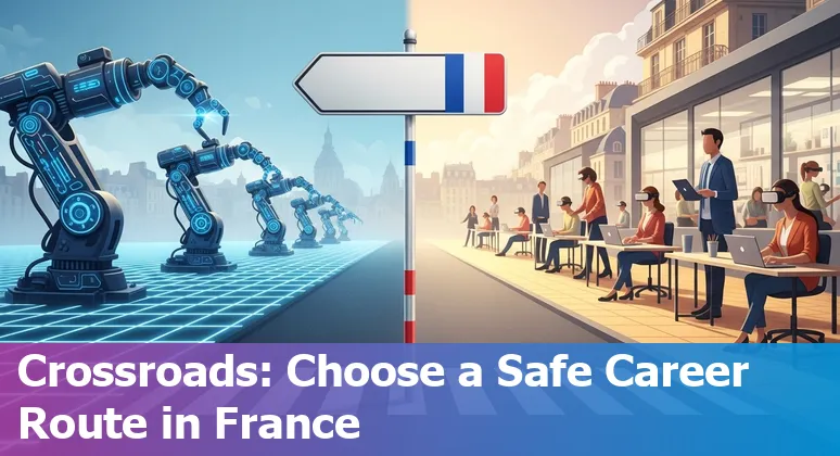 Illustration of French public servants adapting to AI: clerks, tax auditors, court staff, service agents and surveillance analysts.