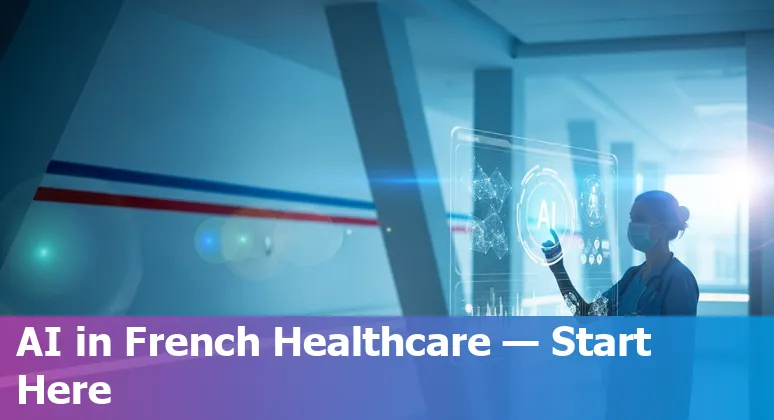 Illustration of AI in healthcare in France, showing hospitals, PariSanté Campus and French flags