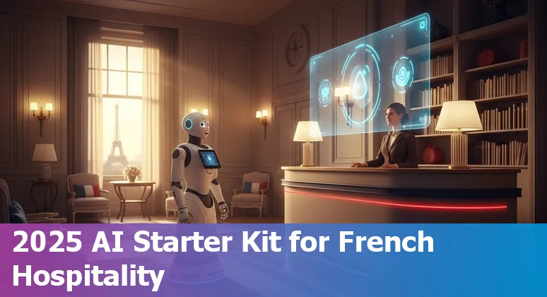 Hotel lobby with AI kiosk and French flag symbolizing AI in the hospitality industry in France in 2025