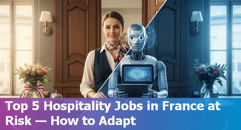 Hotel front desk with self-service kiosk and human guest experience manager guiding a guest in France