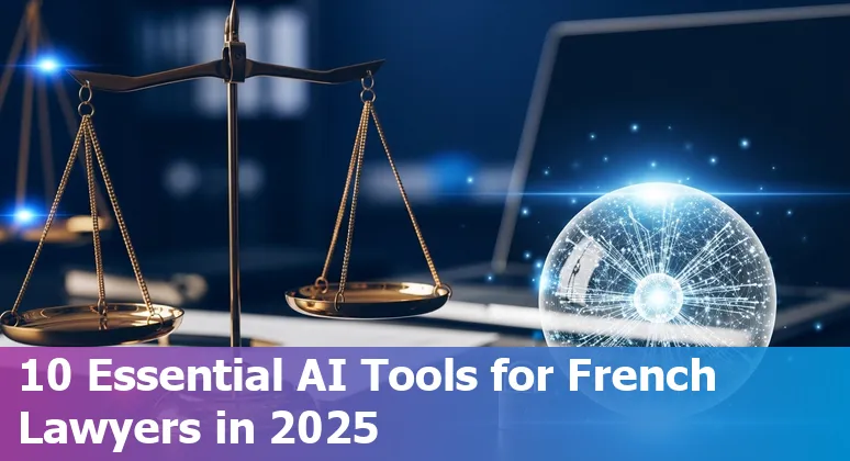 Icons of AI legal tools overlaid on a French flag with a gavel representing law practice in France (2025)