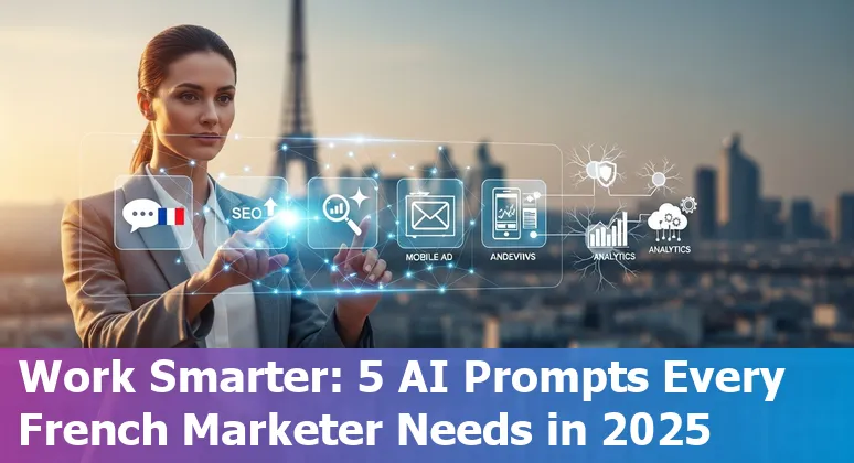 French marketer using AI prompts on laptop to create localized copy, SEO, email sequences, ad variants and analytics dashboards.