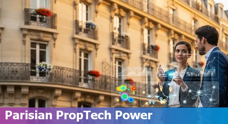 AI icons over a map of France with property listings, contracts, energy meter and chatbot symbols representing AI in French real estate.
