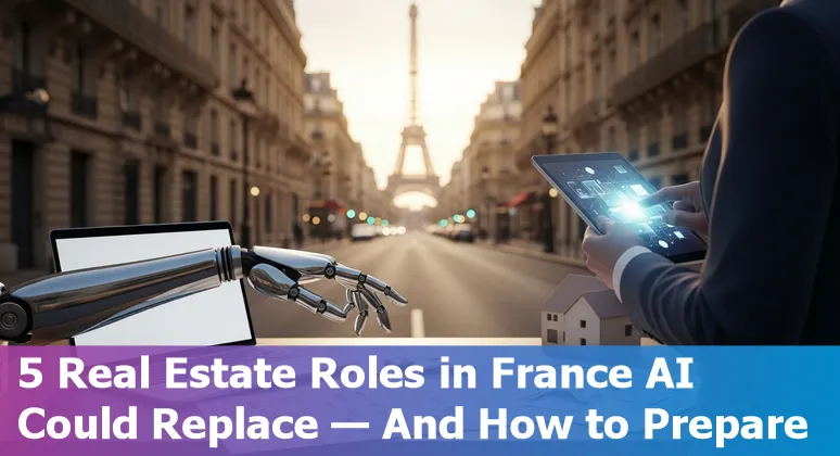 French real estate agent using a tablet with AI data overlay and a map of France
