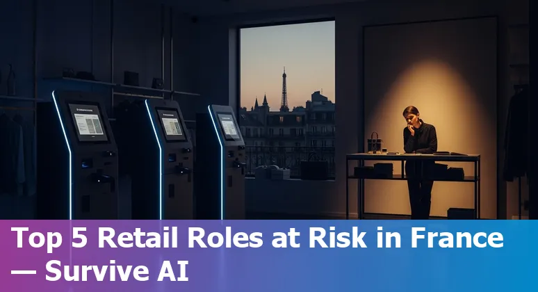 Retail workers and AI: cashier kiosk, store manager with tablet, and warehouse robot illustrating AI's impact on jobs in France.