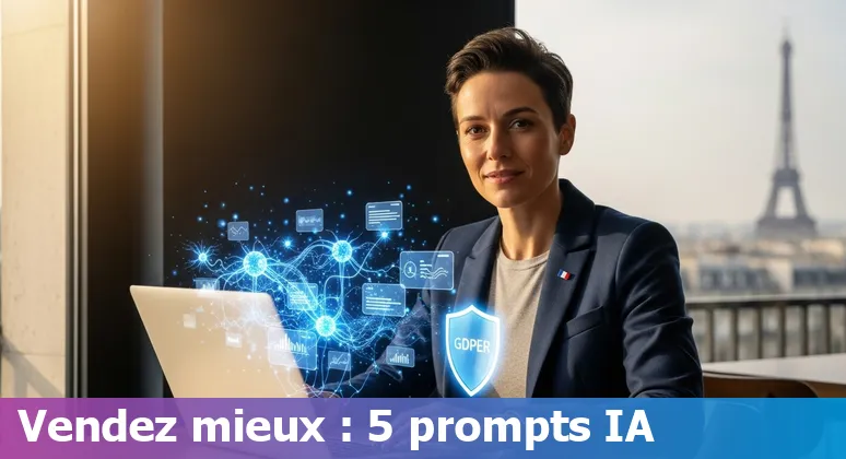 Commercial français utilisant des prompts IA sur un laptop avec CRM ouvert