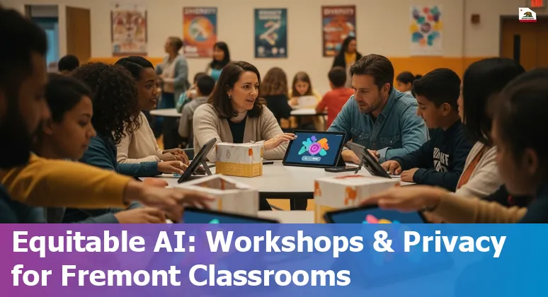 Fremont, California, US teachers and students using AI tools in a classroom setting with privacy and equity icons.