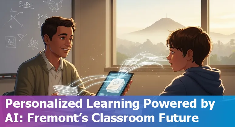 Teacher using AI-generated lesson plan on laptop with Fremont and Bay Area landmarks in background