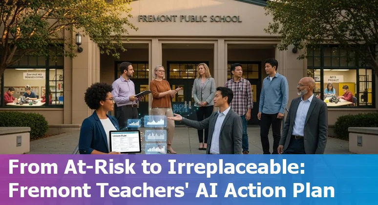 Fremont teacher reviewing AI-generated grades on a laptop while collaborating with a colleague