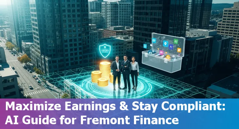 Finance professional using AI dashboard in Fremont, California skyline, 2025