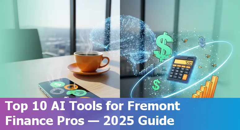Collage of AI tools logos and Fremont cityscape highlighting finance professionals using AI in 2025