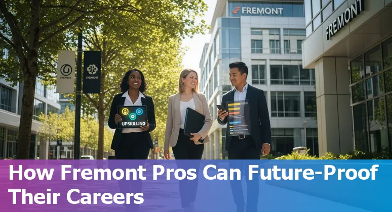Finance professional using AI tools in Fremont, California office skyline in background