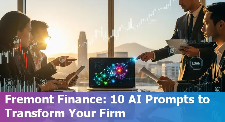 Illustration of AI in financial services with Fremont skyline and fintech icons.