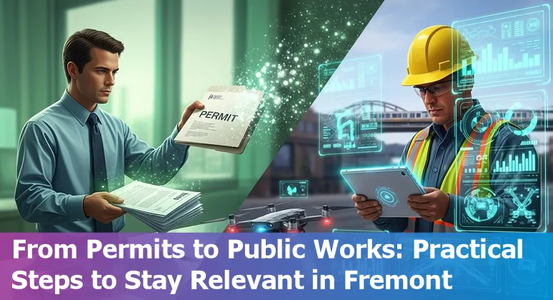 Fremont city worker at a public-service desk with AI icons and training materials in the background