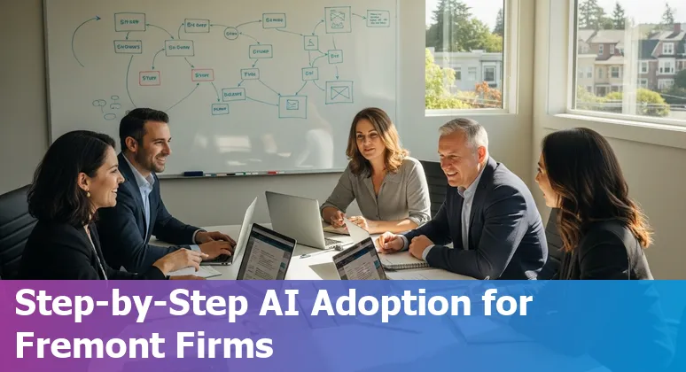 Legal professional using AI tools in an office with Fremont, California skyline visible, 2025