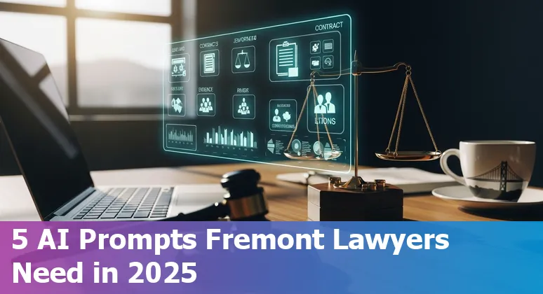 Lawyer using AI prompts on laptop with Fremont Bay Area skyline in background