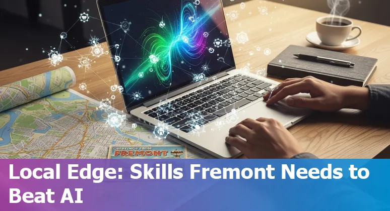 Marketer using AI tools on laptop with Fremont, California cityscape in background