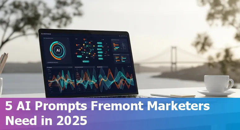 Fremont marketer using AI prompts on a laptop with Fremont skyline in the background