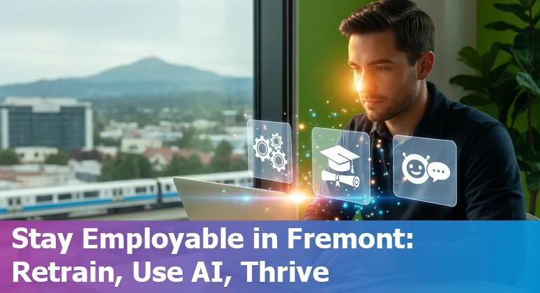 Fremont retail worker using a tablet alongside self-checkout kiosks, symbolizing AI disruption and reskilling.