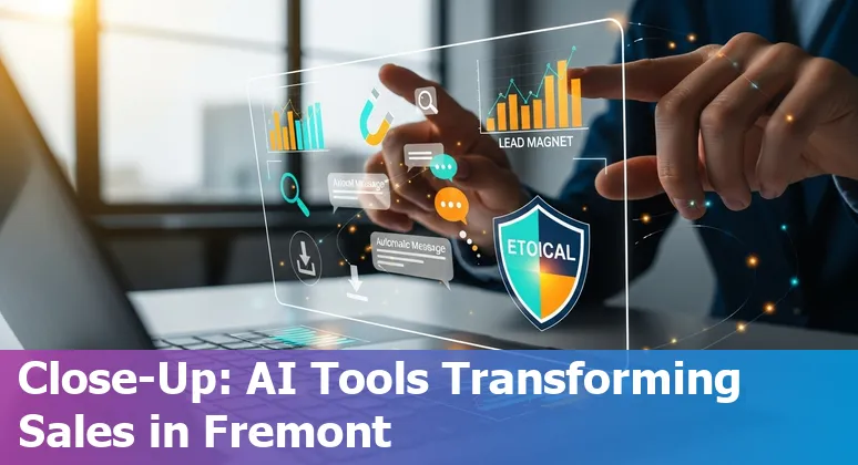 Sales professional using AI tools on a laptop in Fremont, California, US skyline background