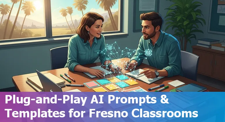 Teacher using AI tools on a laptop with Fresno Unified school and campus visuals in the background.