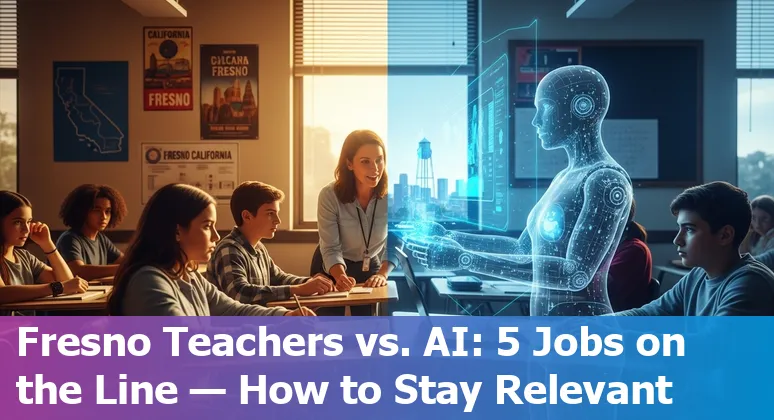 Fresno school office with staff, bookshelves, and a laptop showing AI suggestions