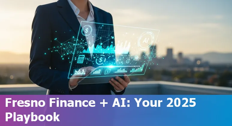 Finance professional using AI tools in an office in Fresno, California, with Fresno city skyline visible