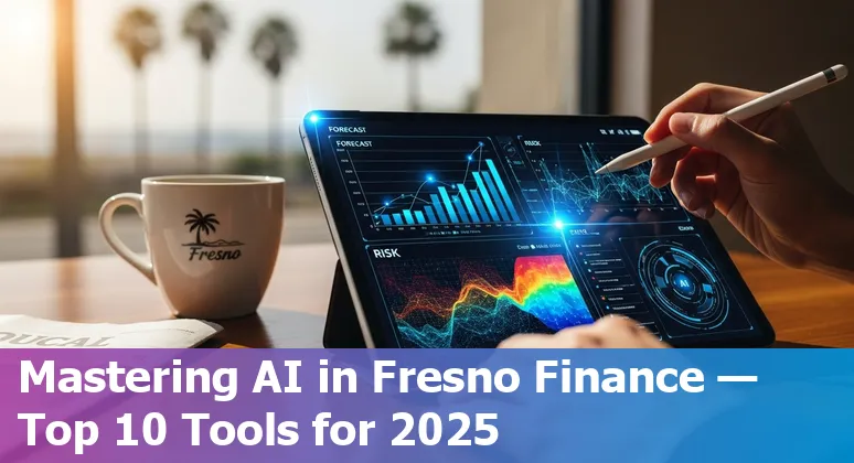Collage of AI icons and Fresno skyline with finance symbols (charts, invoices, calculators).