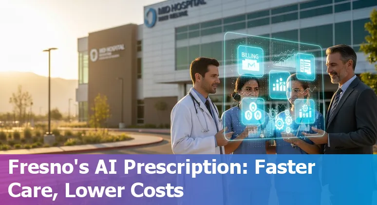 Healthcare staff and AI dashboard showing revenue-cycle analytics for Fresno, California hospital.