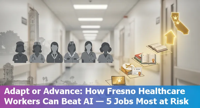 Healthcare workers in Fresno discussing AI impacts with hospital and community landmarks in background