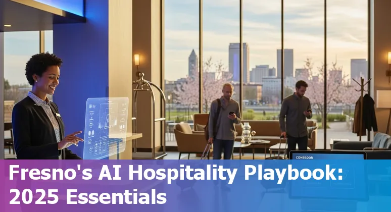 Fresno, California hotel lobby with AI dashboard showing guest messages and Blossom Trail package offers