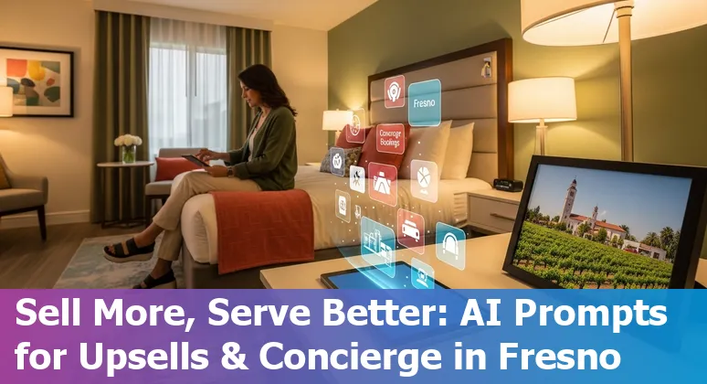Hotel front desk with AI voice assistant displaying reservations and Fresno skyline in background.