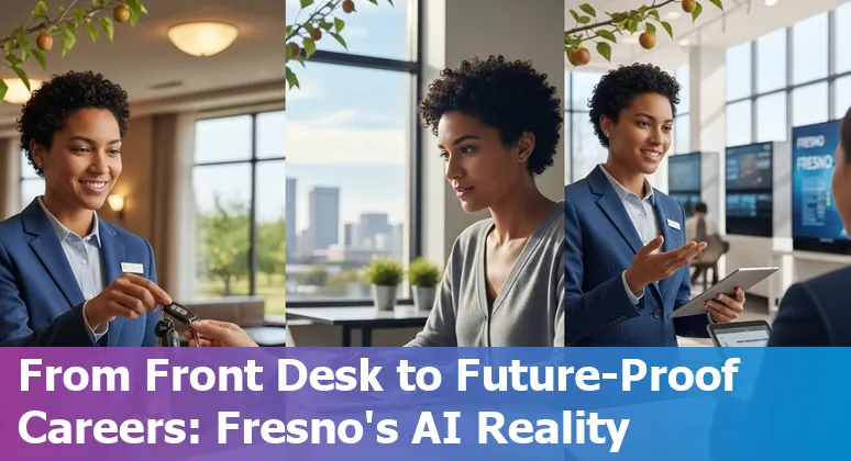 Fresno hospitality workers with learning icons showing reskilling paths and AI automation in the background