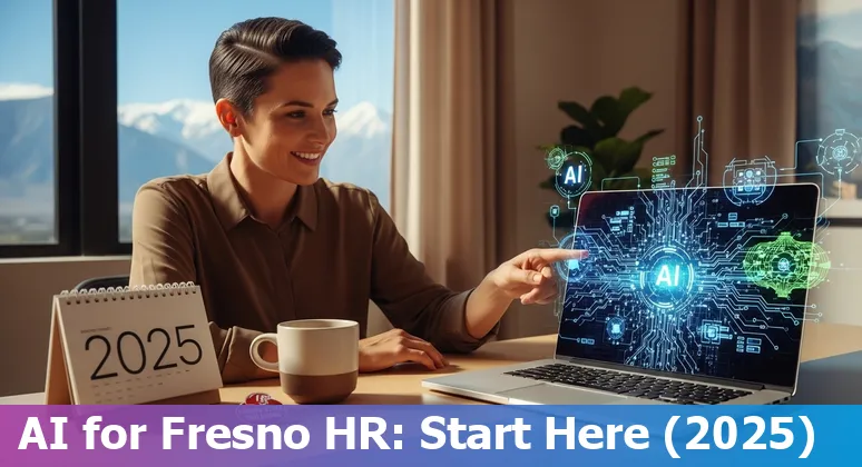 Fresno, California HR professional using AI tools on a laptop in 2025, with Fresno Unified School District buildings in the background