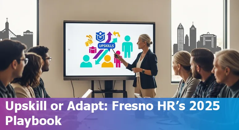 HR professional with AI icons overlay, Fresno, California, US skyline in background