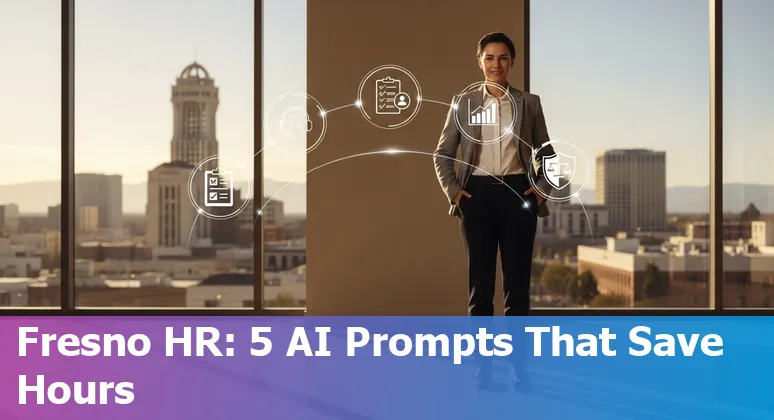 HR professional in Fresno using AI prompts on laptop with Fresno skyline in background