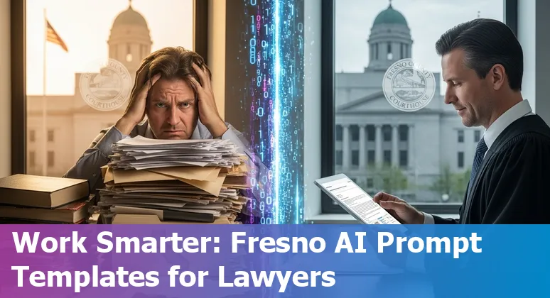 Fresno attorney using AI on laptop with Fresno skyline in background, legal documents on screen.