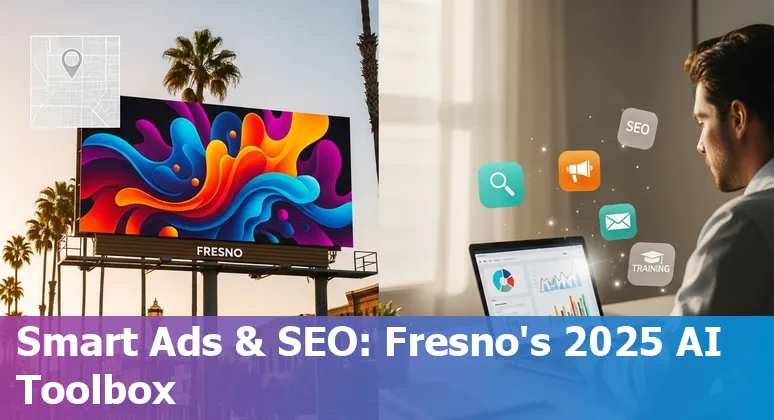 Marketing professional using AI tools dashboard: local SEO, ads, email, and analytics for Fresno small businesses.