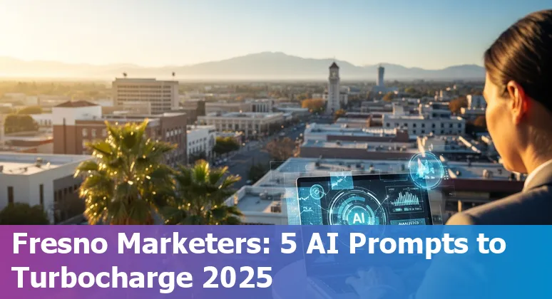 Fresno marketer using AI tools on a laptop with Blackstone Avenue storefronts in the background